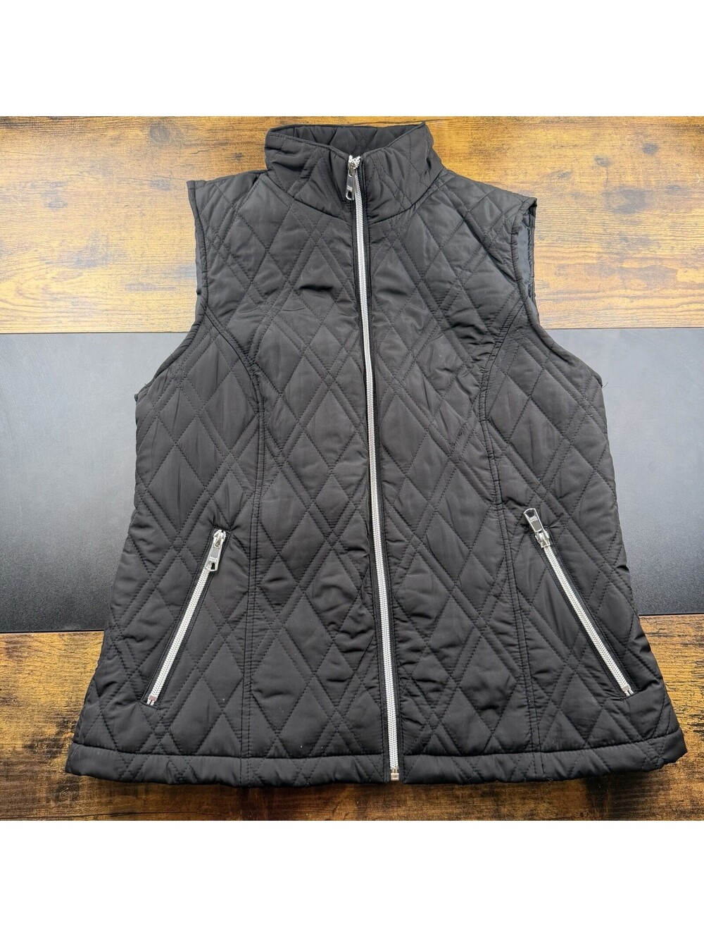 Black Rivet Black Quilted Puffer Vest Full Zip Stand Collar Zipper Pockets